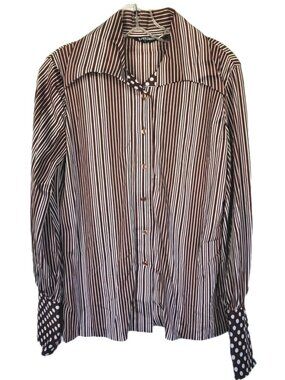 Vtg 70's Lucky Pierre Disco Shirt Brown White Stripes & Dots Dagger Collar Sz L